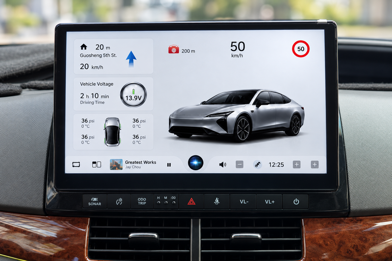 E-CAN touchscreen head unit installed in a vehicle dashboard with a daytime interface