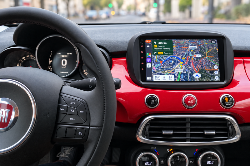 Vehicle-specific head unit installed in a red Fiat dashboard with English navigation display