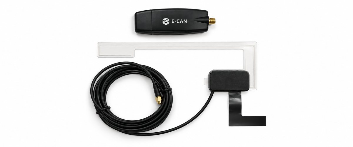 E-CAN DAB receiver kit with branded receiver, active film antenna and cable