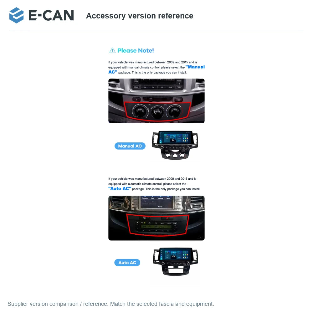 E-CAN Accessory version reference for Toyota Fortuner Manual AC 2009–2015