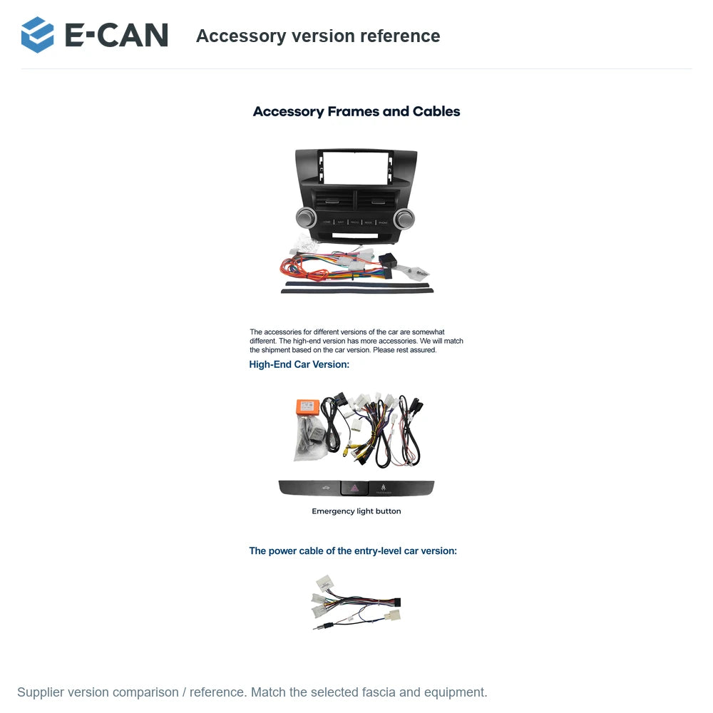 E-CAN Accessory version reference for Toyota Highlander Base 2009–2013