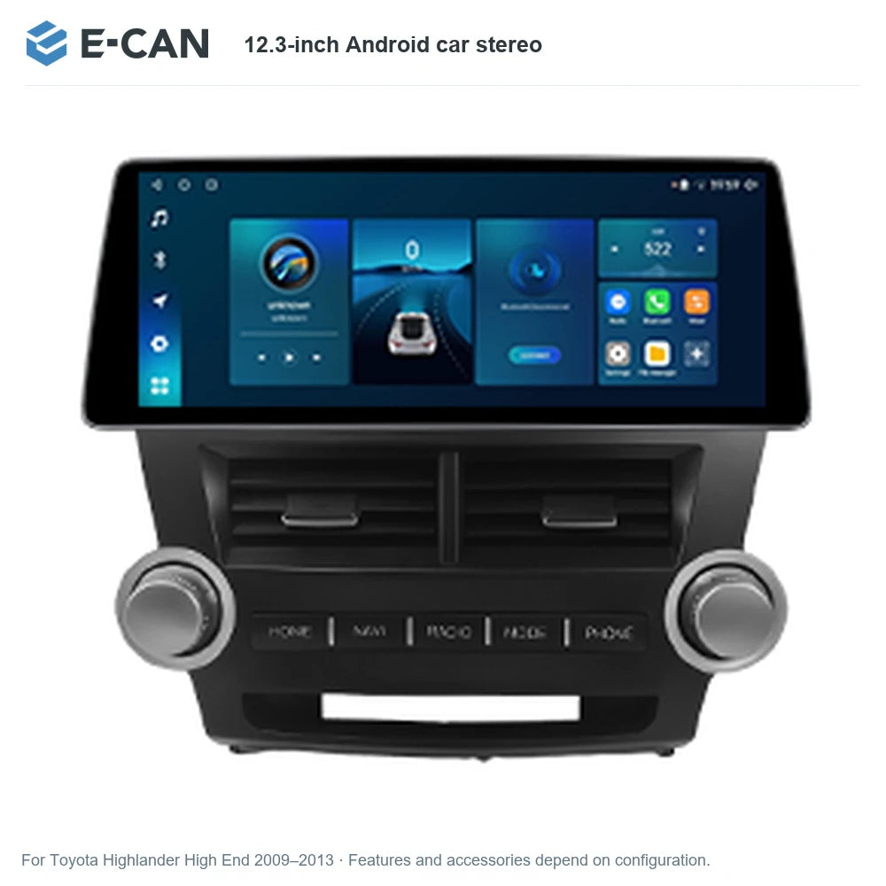 E-CAN 12.3-inch Android car stereo for Toyota Highlander High End 2009–2013