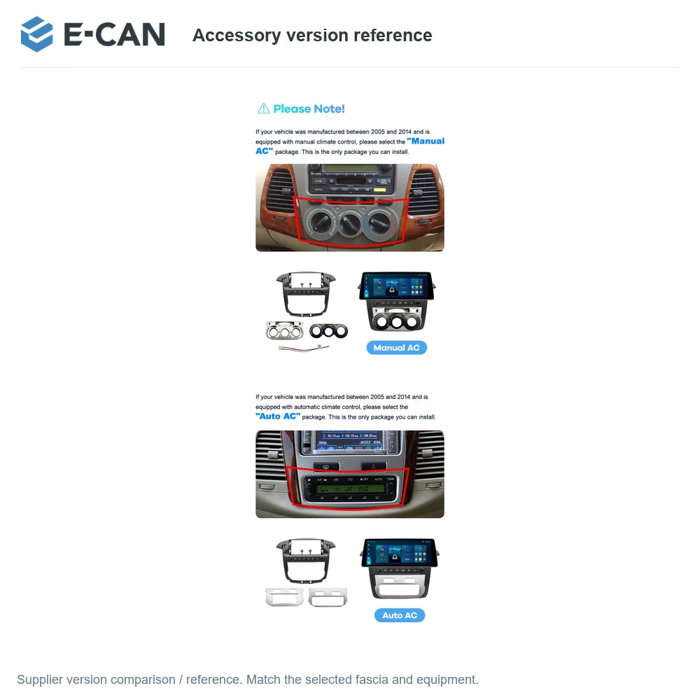 E-CAN Accessory version reference for Toyota Innova Manual AC 2005–2014