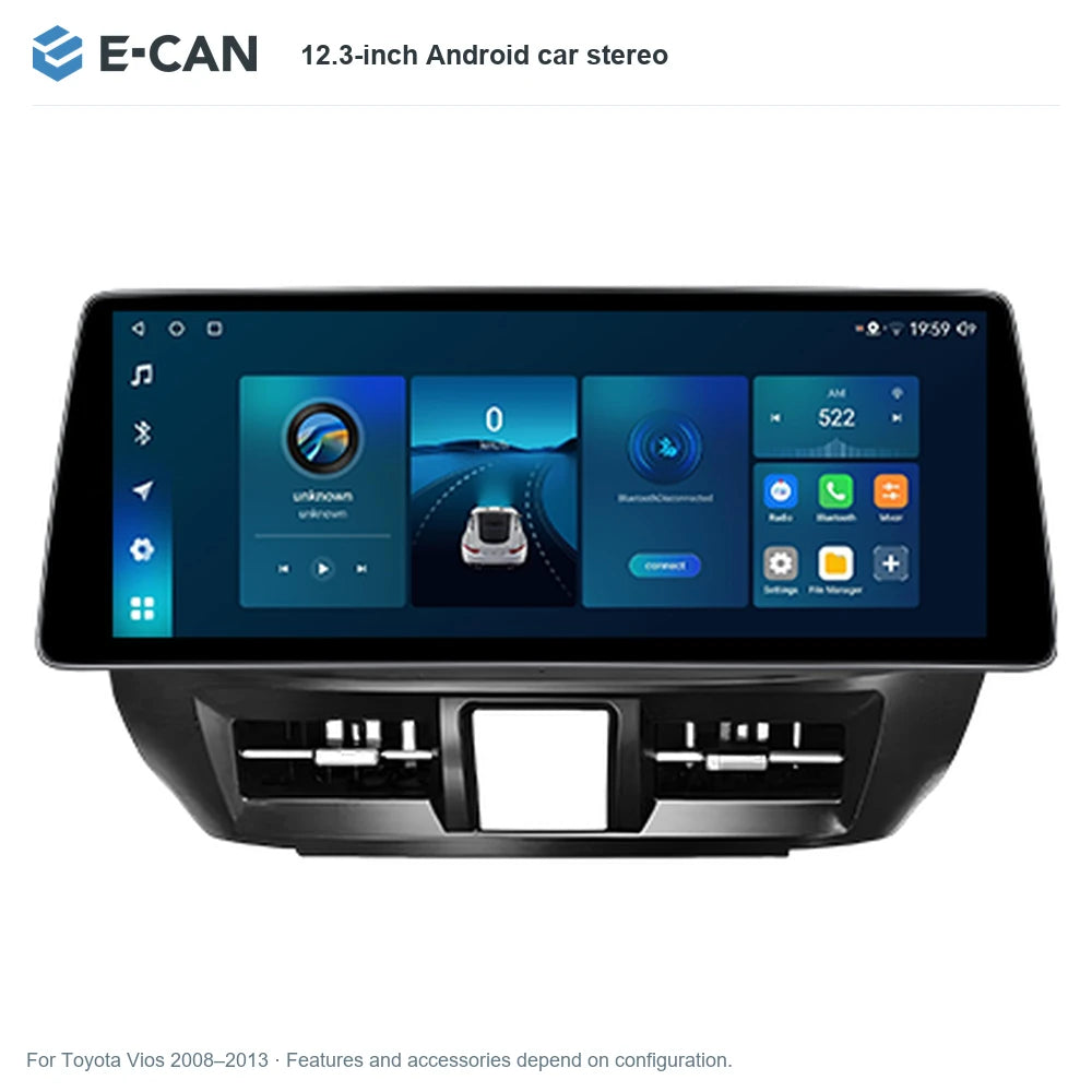 E-CAN 12.3-inch Android car stereo for Toyota Vios 2008–2013