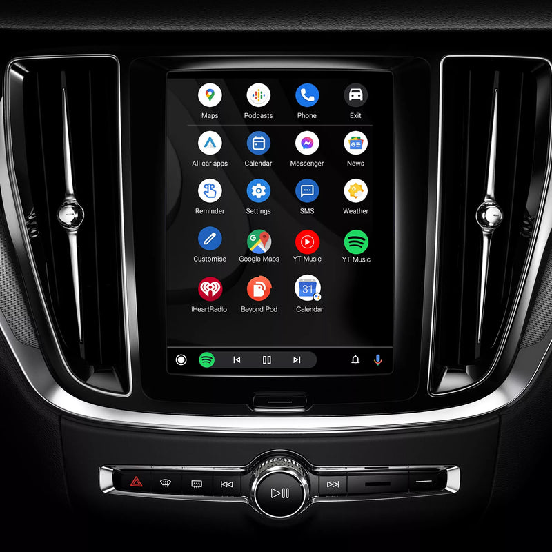 Android Auto apps displayed on a Volvo dashboard screen