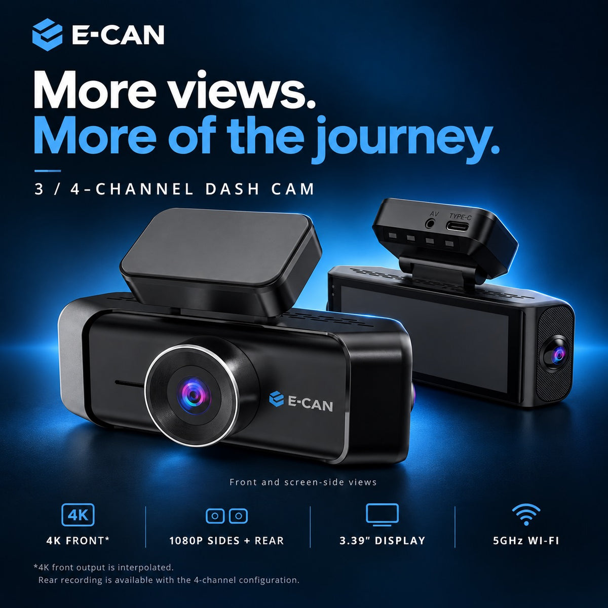 E-CAN 3 and 4 channel dash cam with interpolated 4K front output, 1080P sides and optional rear recording, 3.39-inch screen and 5GHz Wi-Fi.