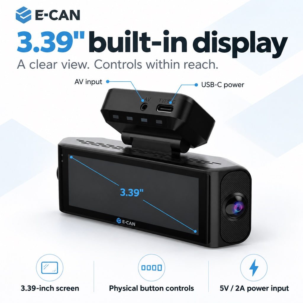 E-CAN dash cam 3.39-inch display, AV input, USB-C 5V 2A power and physical controls.