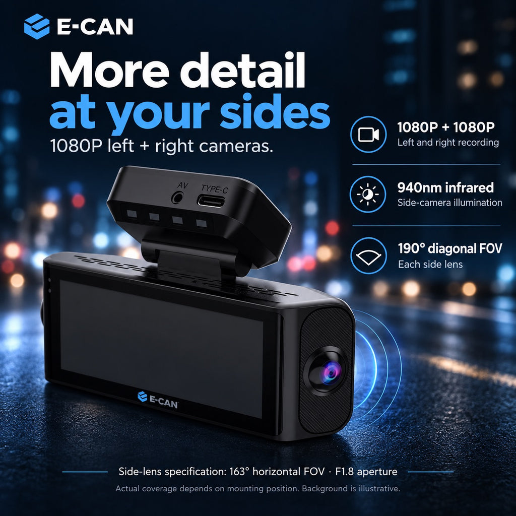 E-CAN 1080P side cameras with 940nm infrared and a 190-degree diagonal field of view for each side lens.