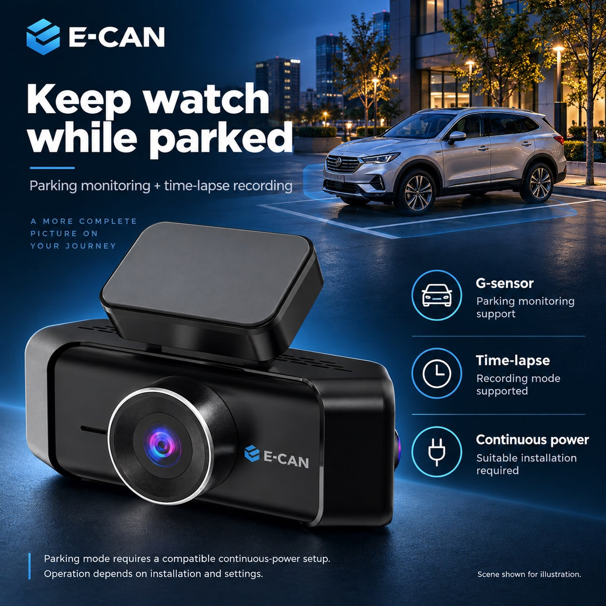 E-CAN parking monitoring and time-lapse recording require a compatible continuous-power setup and parking-monitoring cable.