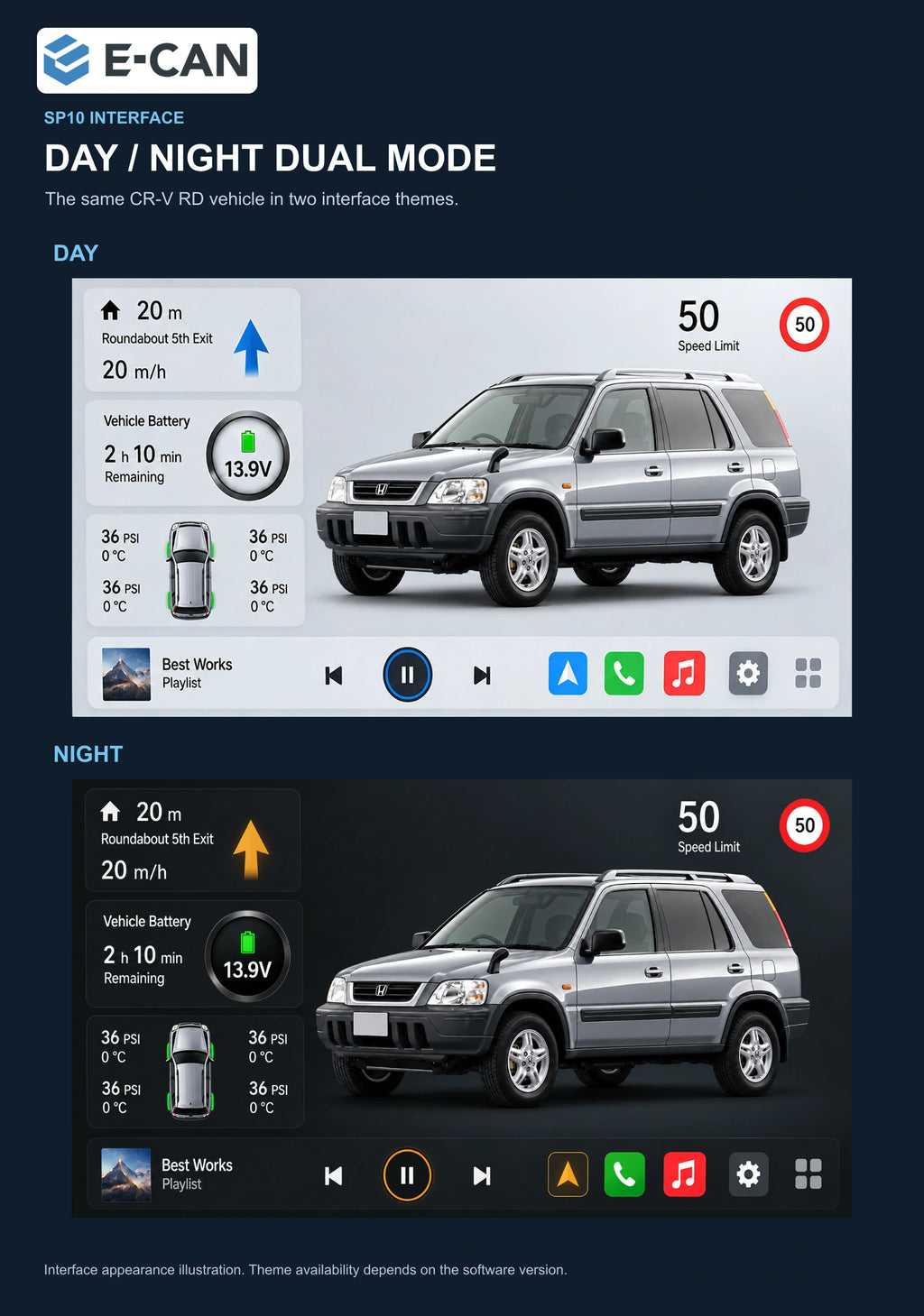 Honda CR-V RD 1998 9-inch — 06b day night ui; installation/UI graphics are illustrative
