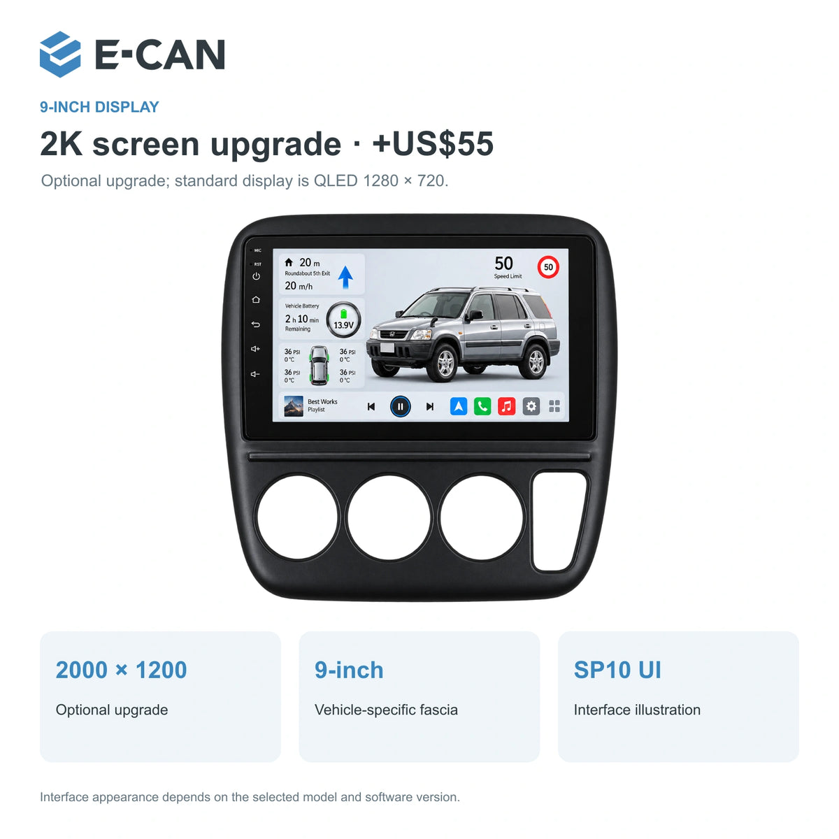 Honda CR-V RD 1998 9-inch — 02 2k display; installation/UI graphics are illustrative