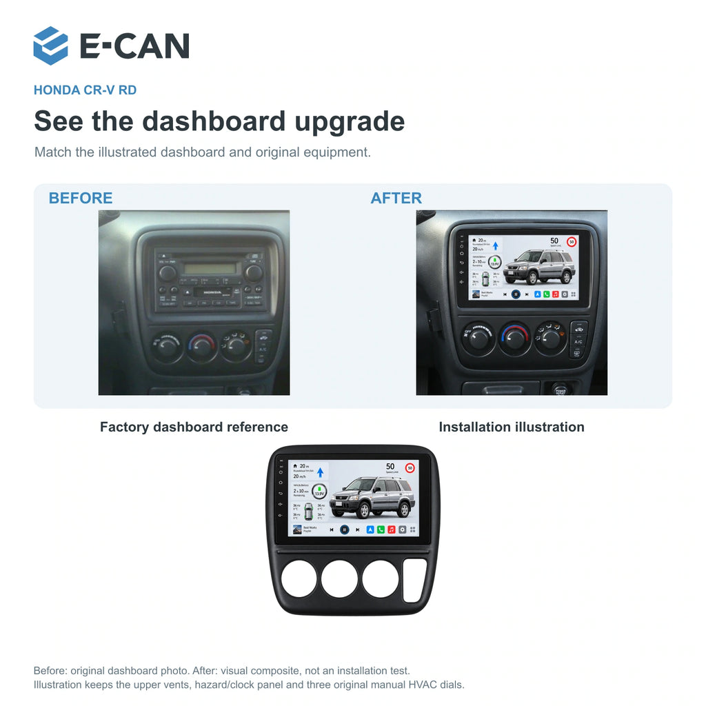 Honda CR-V RD 1998 9-inch — 03 installation comparison; installation/UI graphics are illustrative