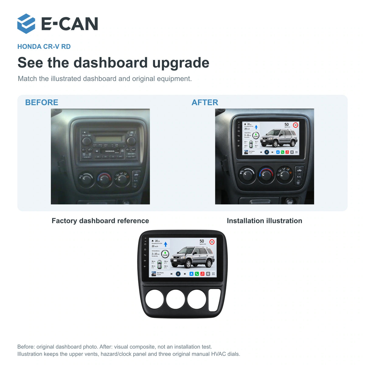 Honda CR-V RD 1998 9-inch — 03 installation comparison; installation/UI graphics are illustrative