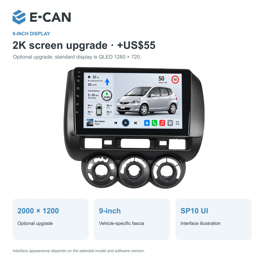 Honda Fit / Jazz GD 2004–2007 9-inch — 02 2k display; installation/UI graphics are illustrative