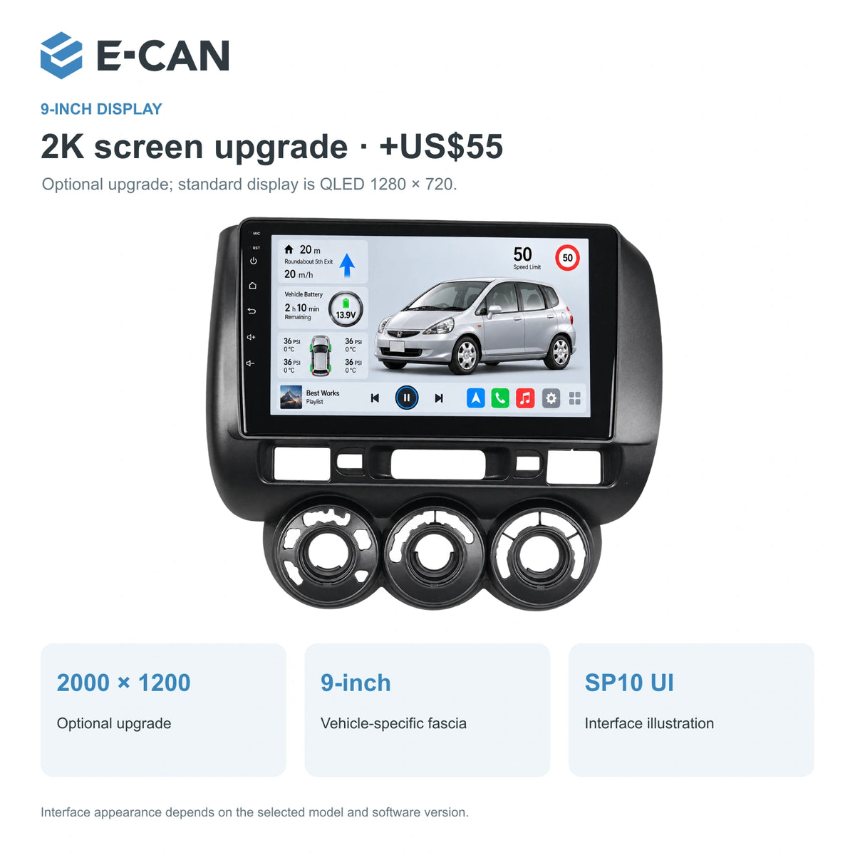 Honda Fit / Jazz GD 2004–2007 9-inch — 02 2k display; installation/UI graphics are illustrative