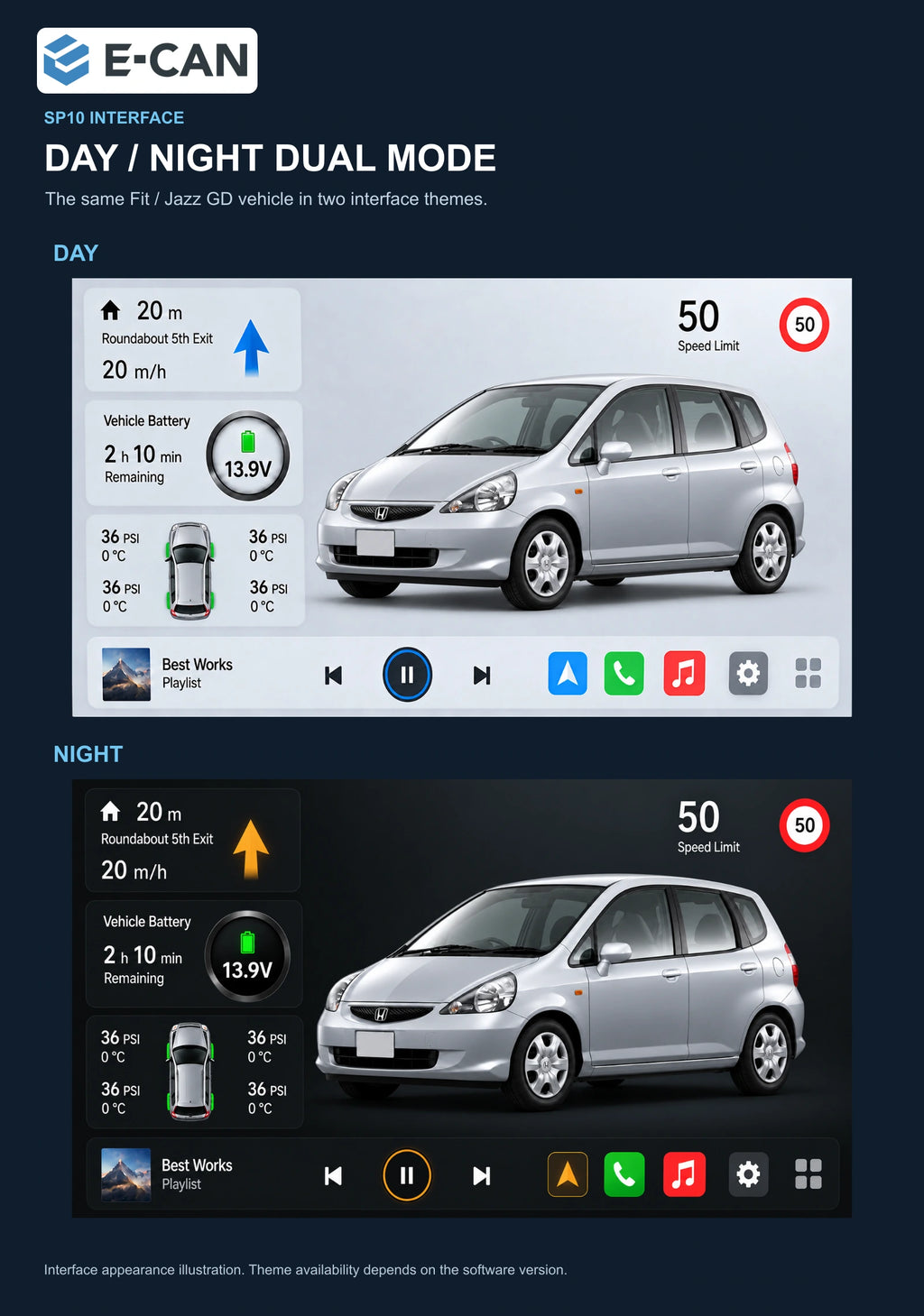 Honda Fit / Jazz GD 2006 9-inch — 06b day night ui; installation/UI graphics are illustrative