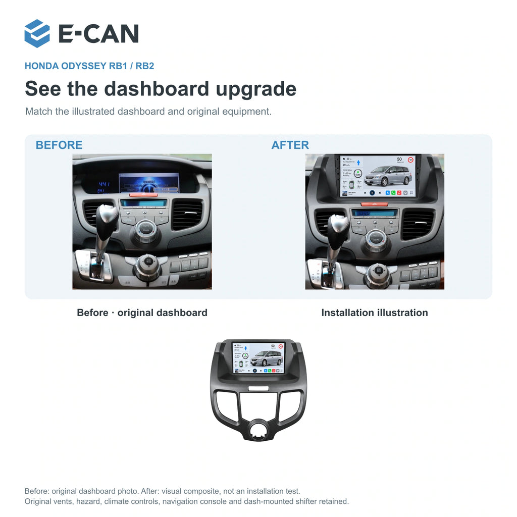 Honda Odyssey RB1 / RB2 2005–2008 10.1-inch — 03 installation comparison; installation/UI graphics are illustrative