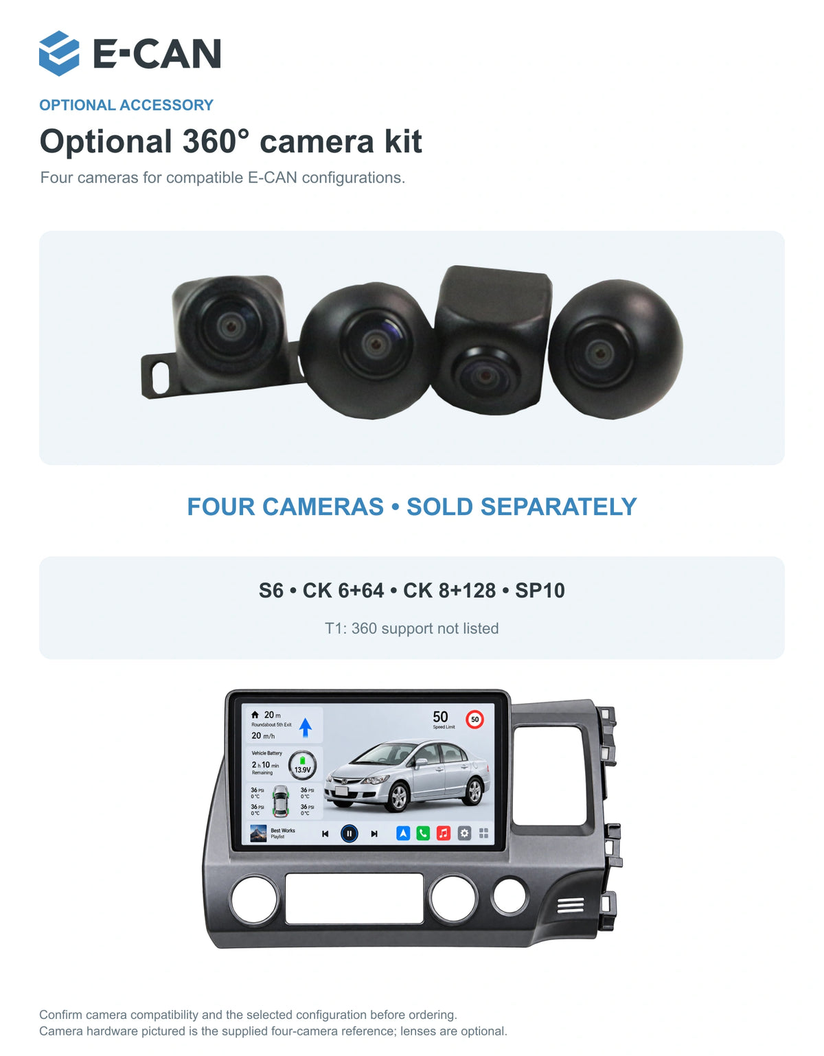 Honda Civic FD 2006–2011 10-inch — 05 360 camera option; installation/UI graphics are illustrative