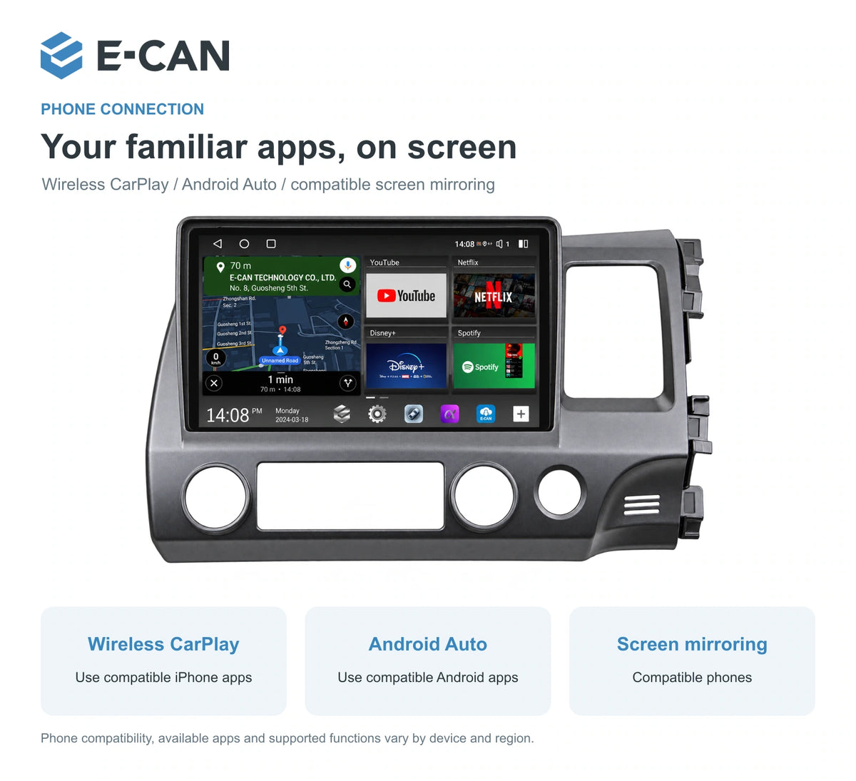 Honda Civic FD 2006–2011 10-inch — 07 wireless phone link; installation/UI graphics are illustrative