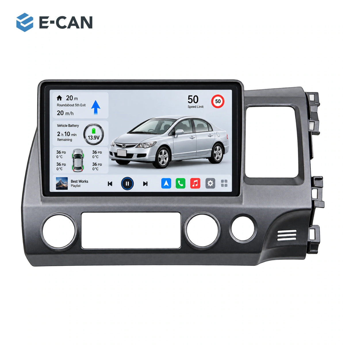 Honda Civic FD 2006–2011 10-inch — 01 product white; installation/UI graphics are illustrative