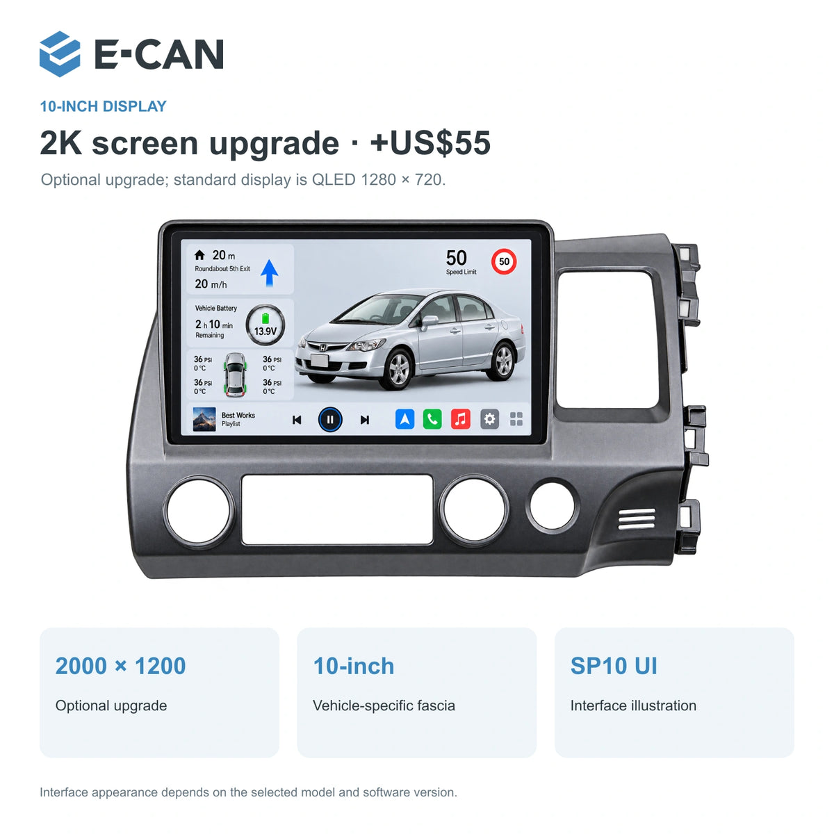 Honda Civic FD 2006–2011 10-inch — 02 2k display; installation/UI graphics are illustrative