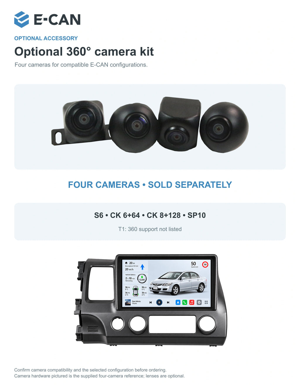 Honda Civic FD 2008–2011 10.1-inch — 05 360 camera option; installation/UI graphics are illustrative