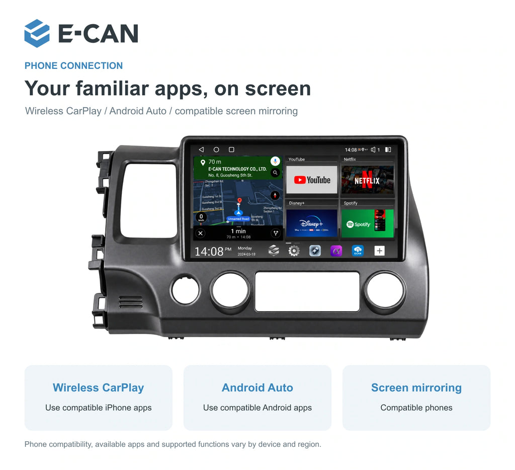 Honda Civic FD 2008–2011 10.1-inch — 07 wireless phone link; installation/UI graphics are illustrative