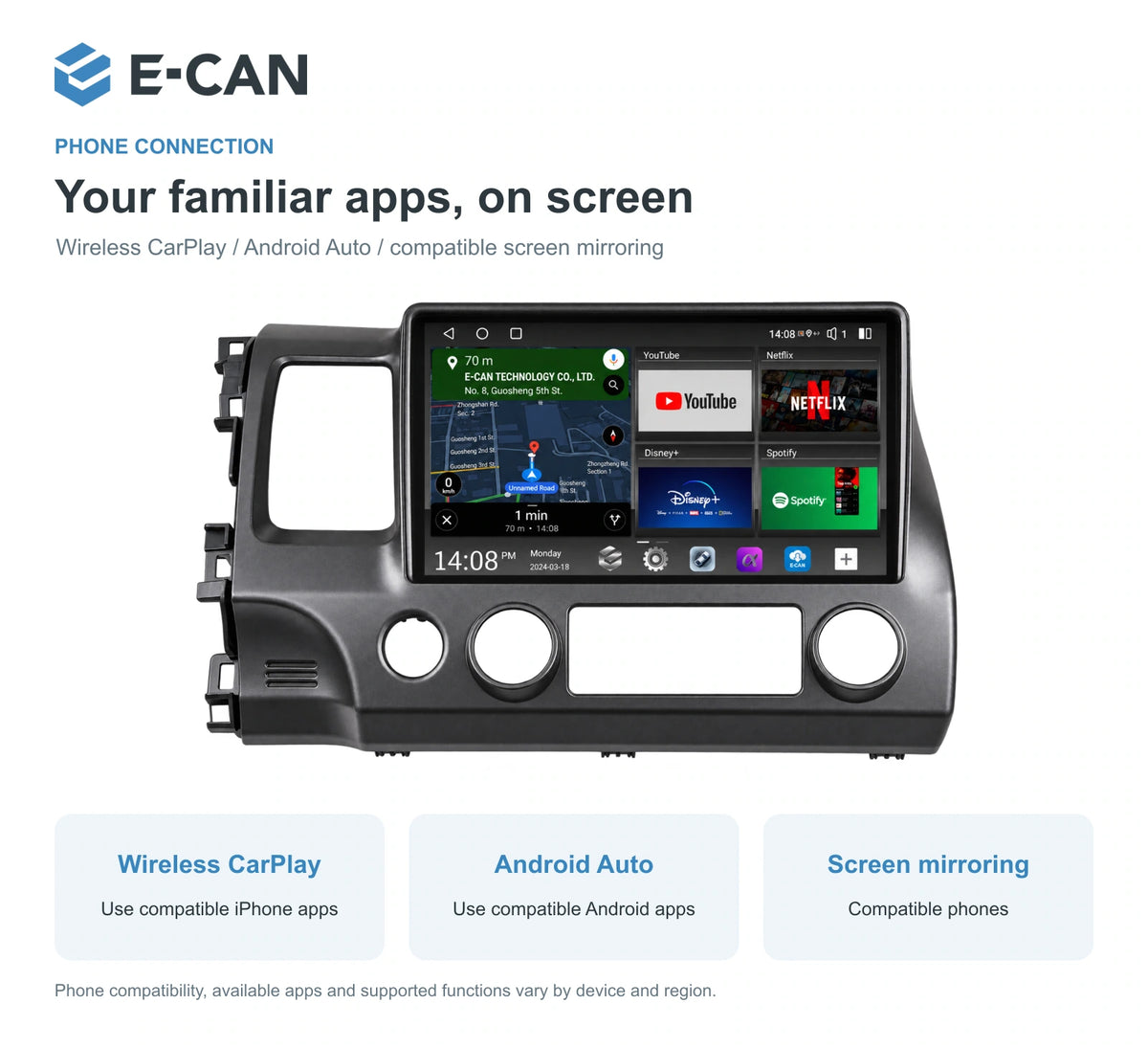 Honda Civic FD 2008–2011 10.1-inch — 07 wireless phone link; installation/UI graphics are illustrative