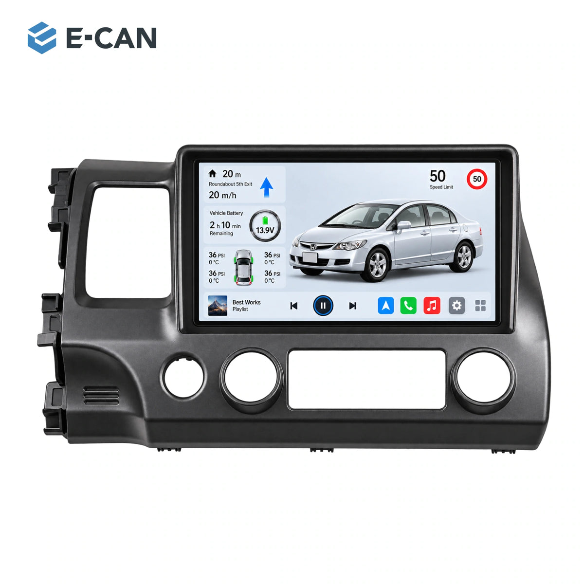 Honda Civic FD 2008–2011 10.1-inch — 01 product white; installation/UI graphics are illustrative
