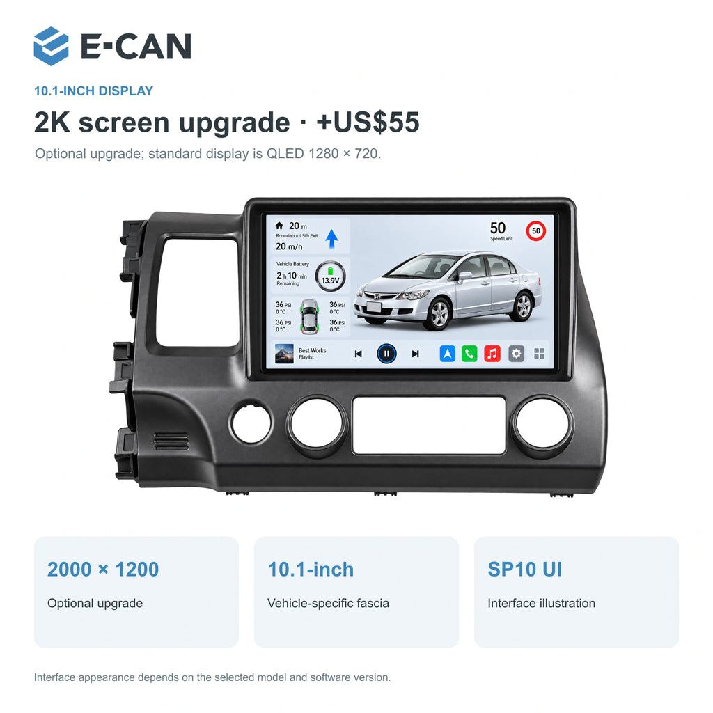 Honda Civic FD 2008–2011 10.1-inch — 02 2k display; installation/UI graphics are illustrative