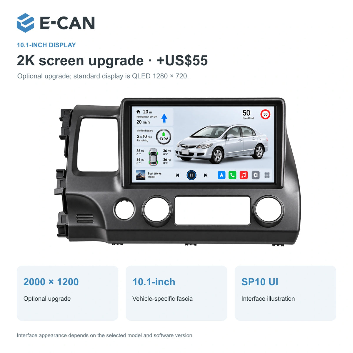 Honda Civic FD 2008–2011 10.1-inch — 02 2k display; installation/UI graphics are illustrative