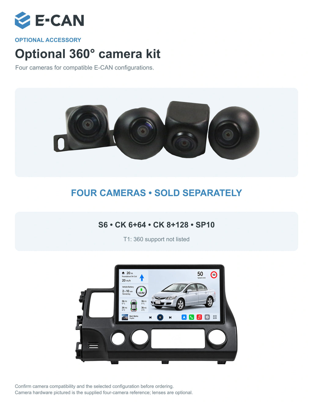 Honda Civic FD 2008–2011 10.1-inch — 05 360 camera option; installation/UI graphics are illustrative