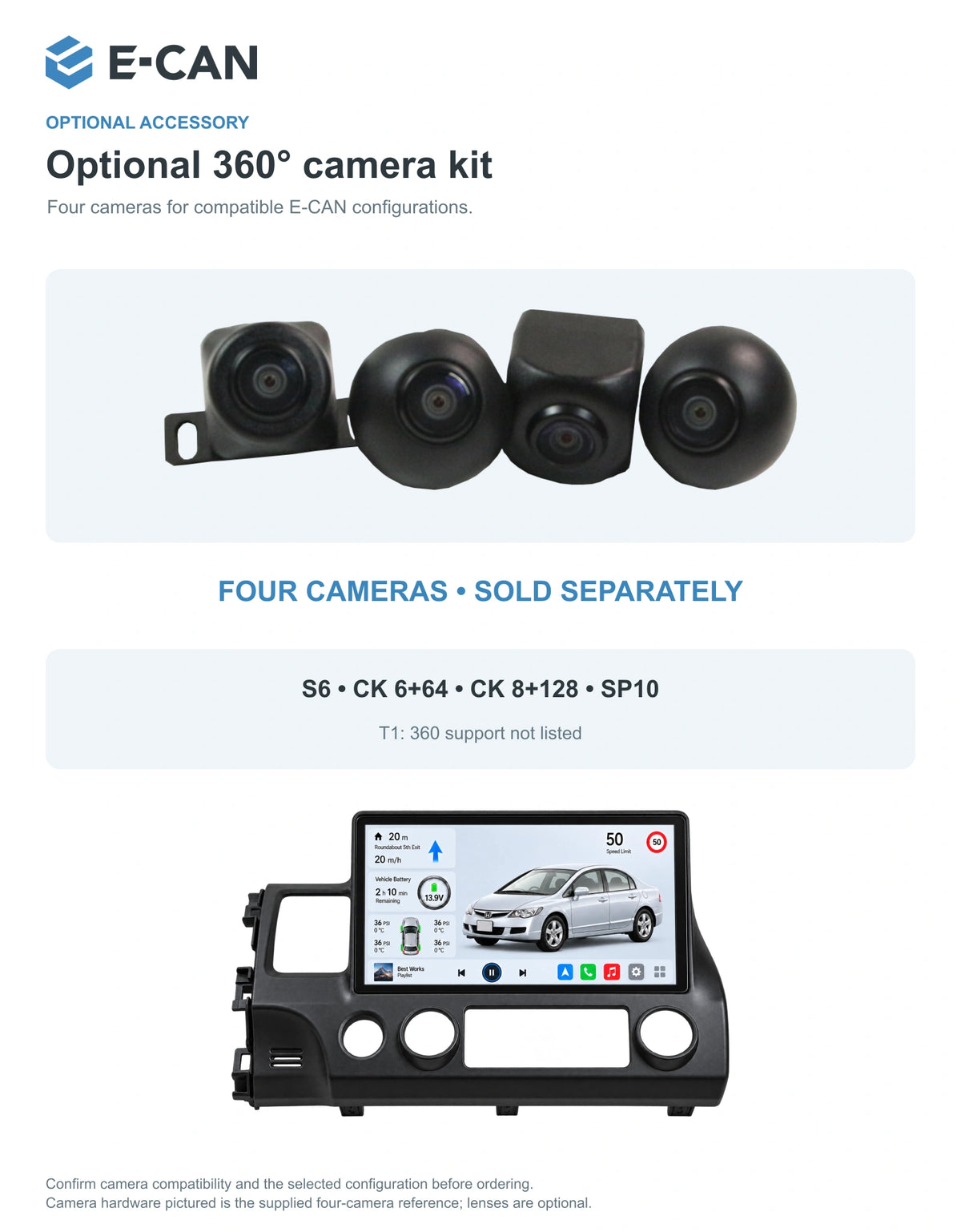 Honda Civic FD 2008–2011 10.1-inch — 05 360 camera option; installation/UI graphics are illustrative