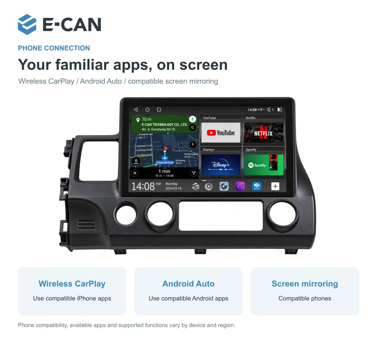 Honda Civic FD 2008–2011 10.1-inch — 07 wireless phone link; installation/UI graphics are illustrative
