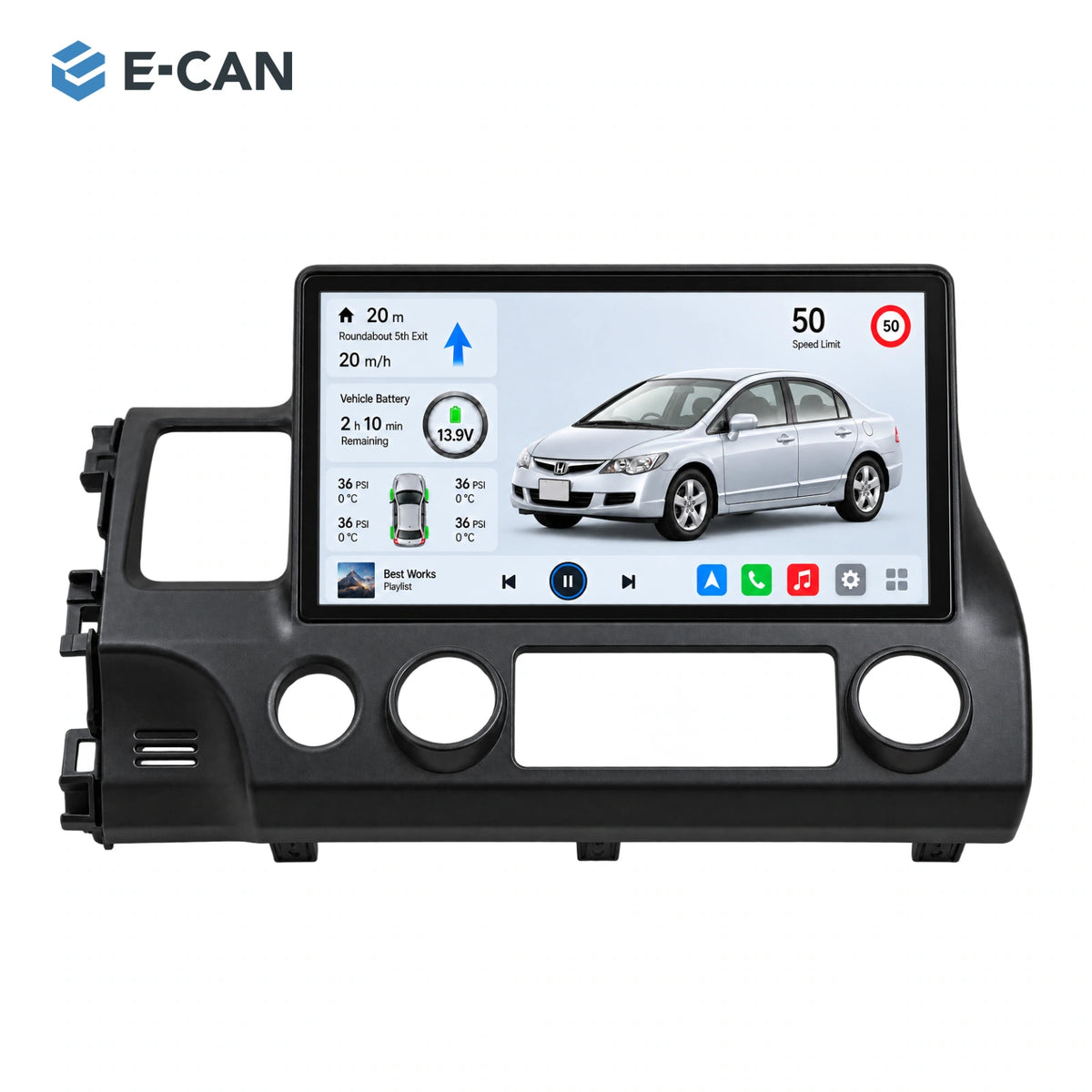 Honda Civic FD 2008–2011 10.1-inch — 01 product white; installation/UI graphics are illustrative