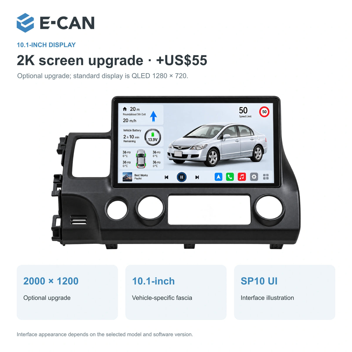Honda Civic FD 2008–2011 10.1-inch — 02 2k display; installation/UI graphics are illustrative