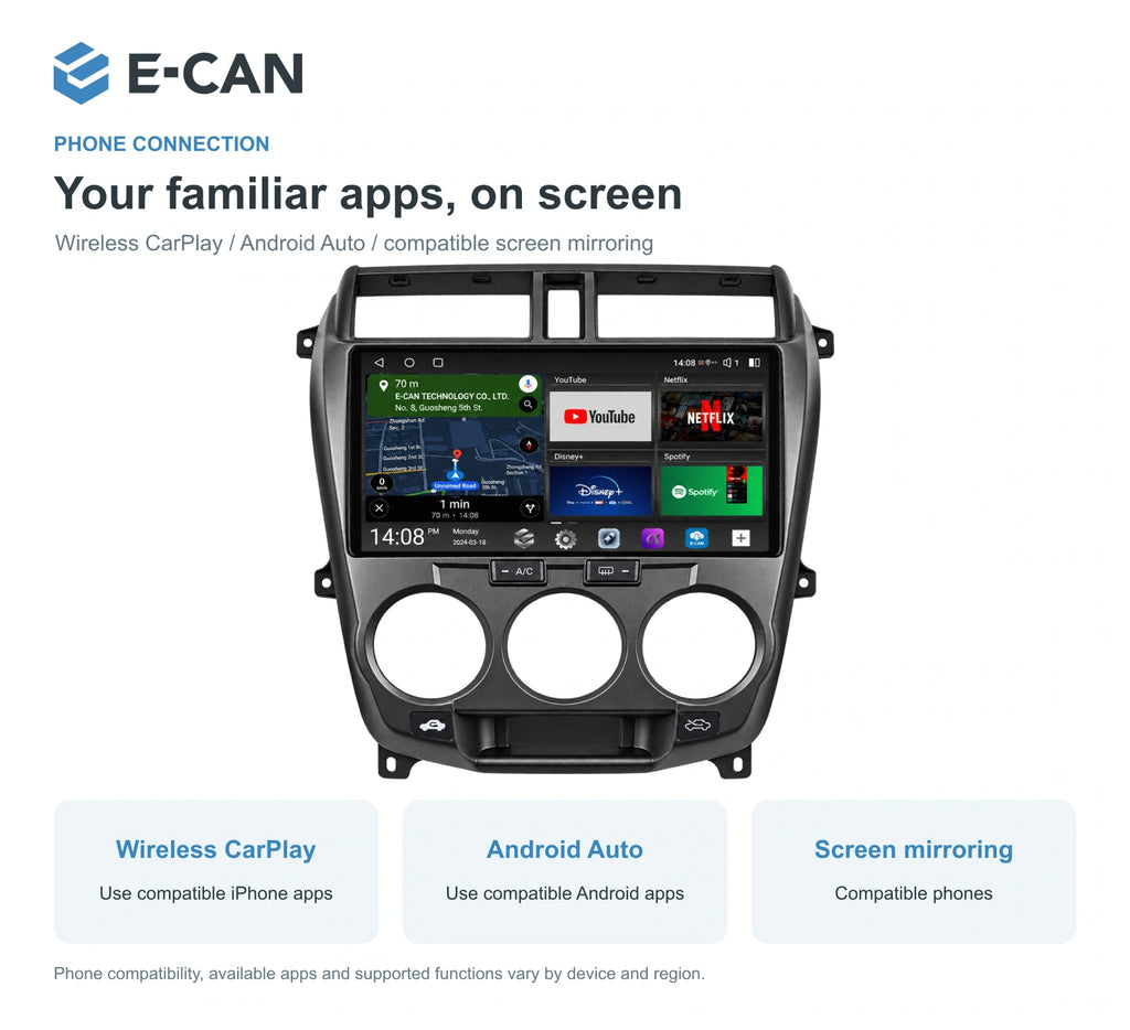 Honda City GM2 / GM3 2008–2011 10.1-inch — 07 wireless phone link; installation/UI graphics are illustrative