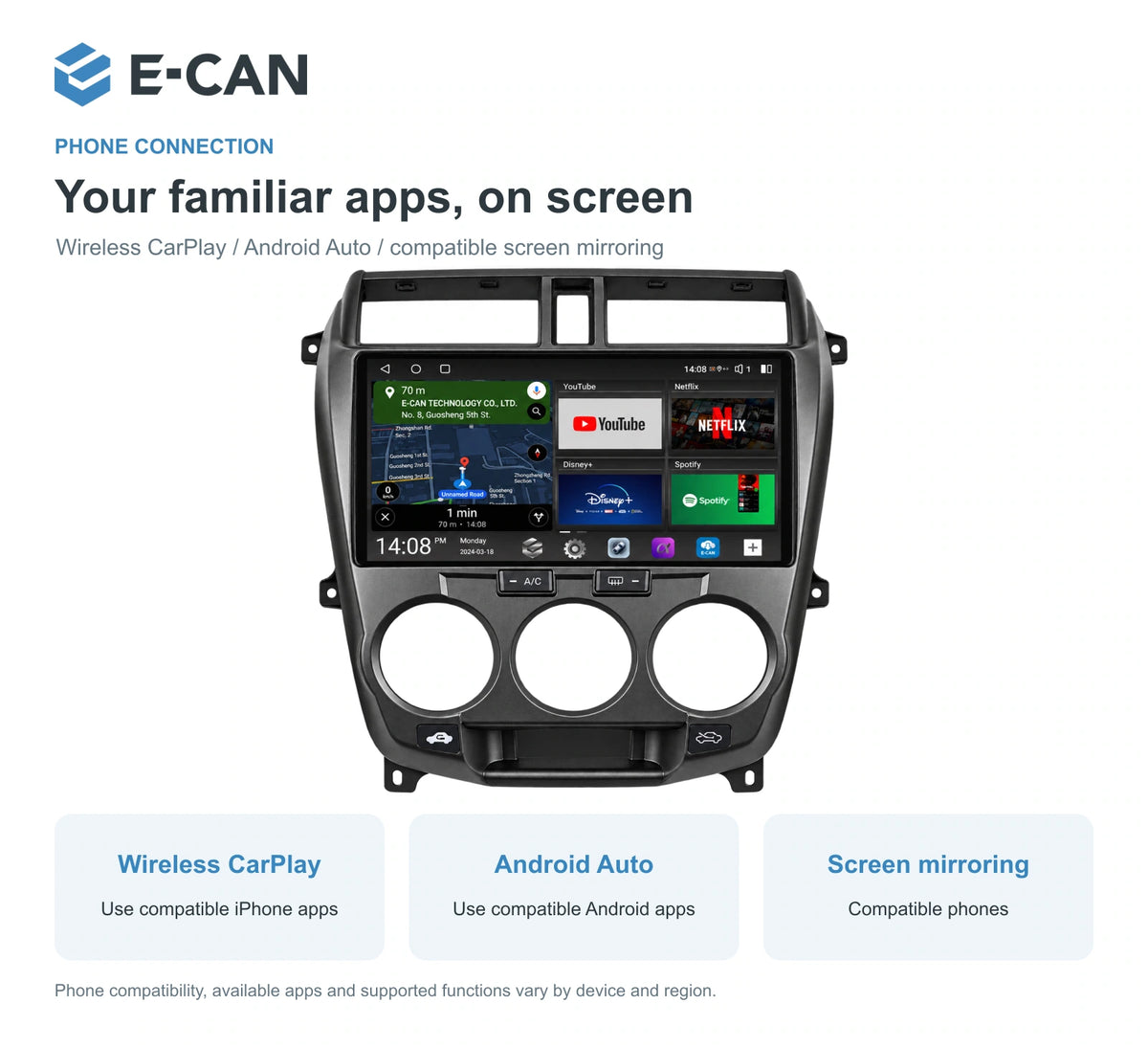 Honda City GM2 / GM3 2008–2011 10.1-inch — 07 wireless phone link; installation/UI graphics are illustrative