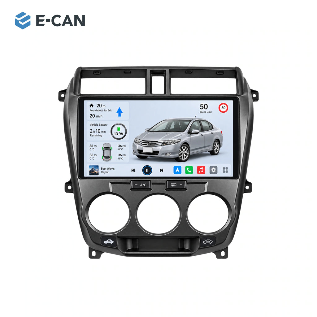 Honda City GM2 / GM3 2008–2011 10.1-inch — 01 product white; installation/UI graphics are illustrative