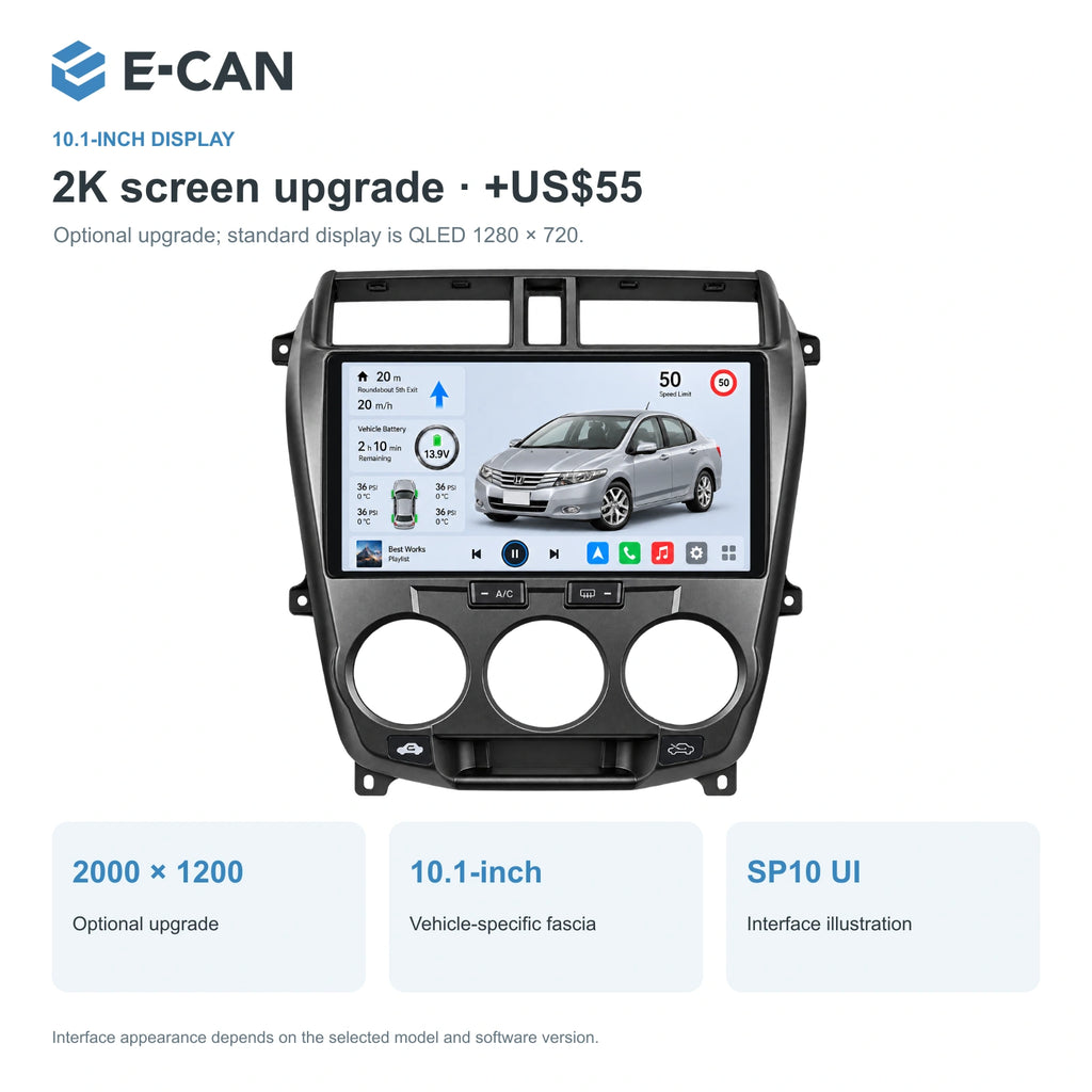 Honda City GM2 / GM3 2008–2011 10.1-inch — 02 2k display; installation/UI graphics are illustrative