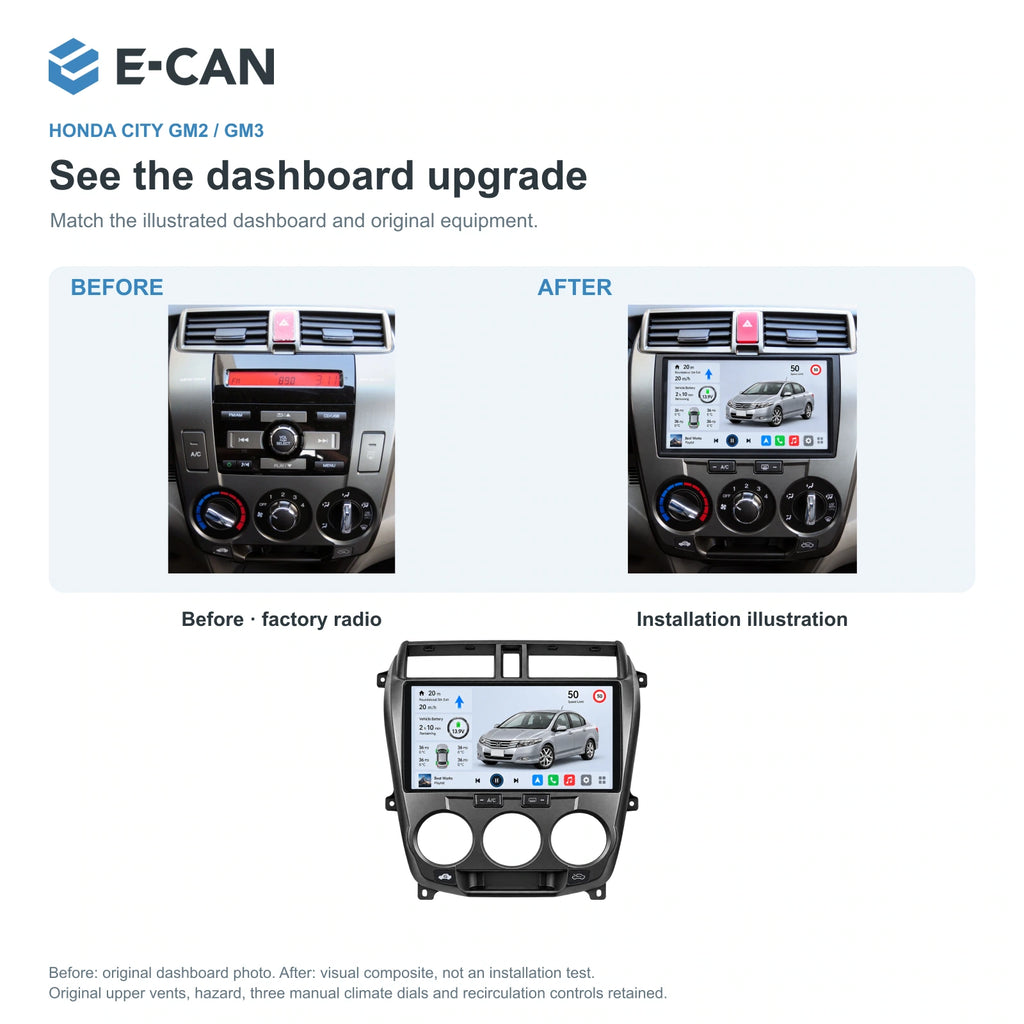Honda City GM2 / GM3 2008–2011 10.1-inch — 03 installation comparison; installation/UI graphics are illustrative