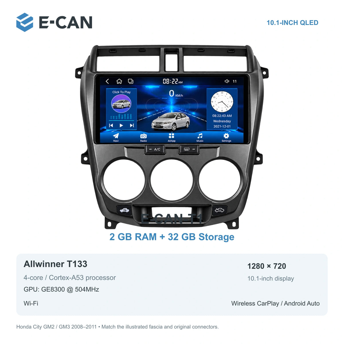 Honda City GM2 / GM3 2008–2011 10.1-inch — 01 t1 2 32gb; installation/UI graphics are illustrative