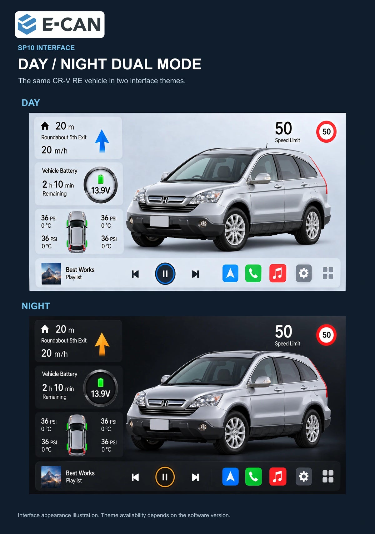 Honda CR-V RE 2008–2011 9-inch — 06b day night ui; installation/UI graphics are illustrative