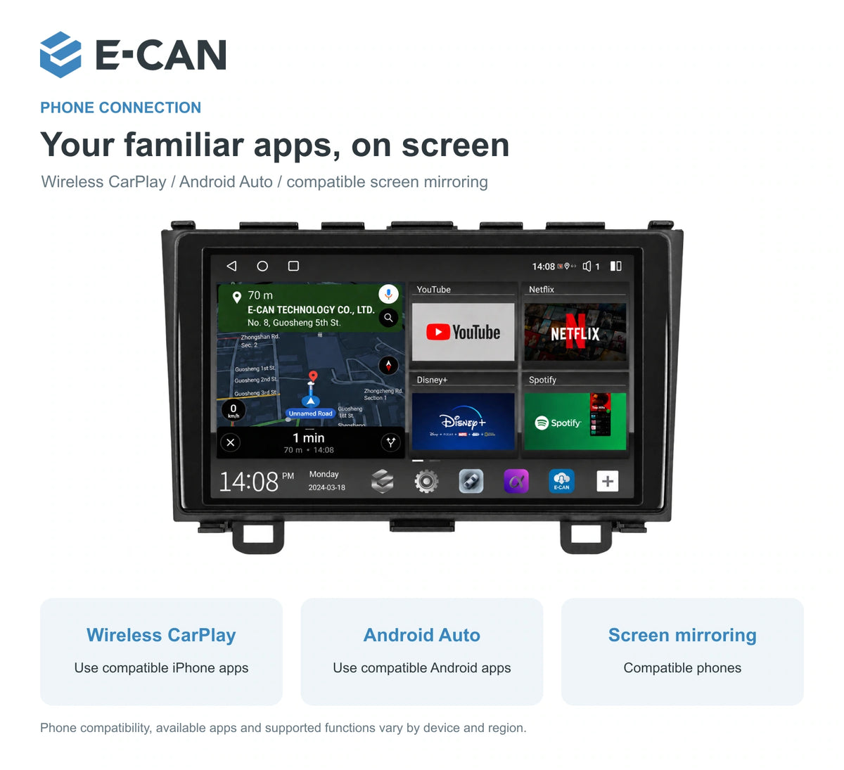 Honda CR-V RE 2008–2011 9-inch — 07 wireless phone link; installation/UI graphics are illustrative
