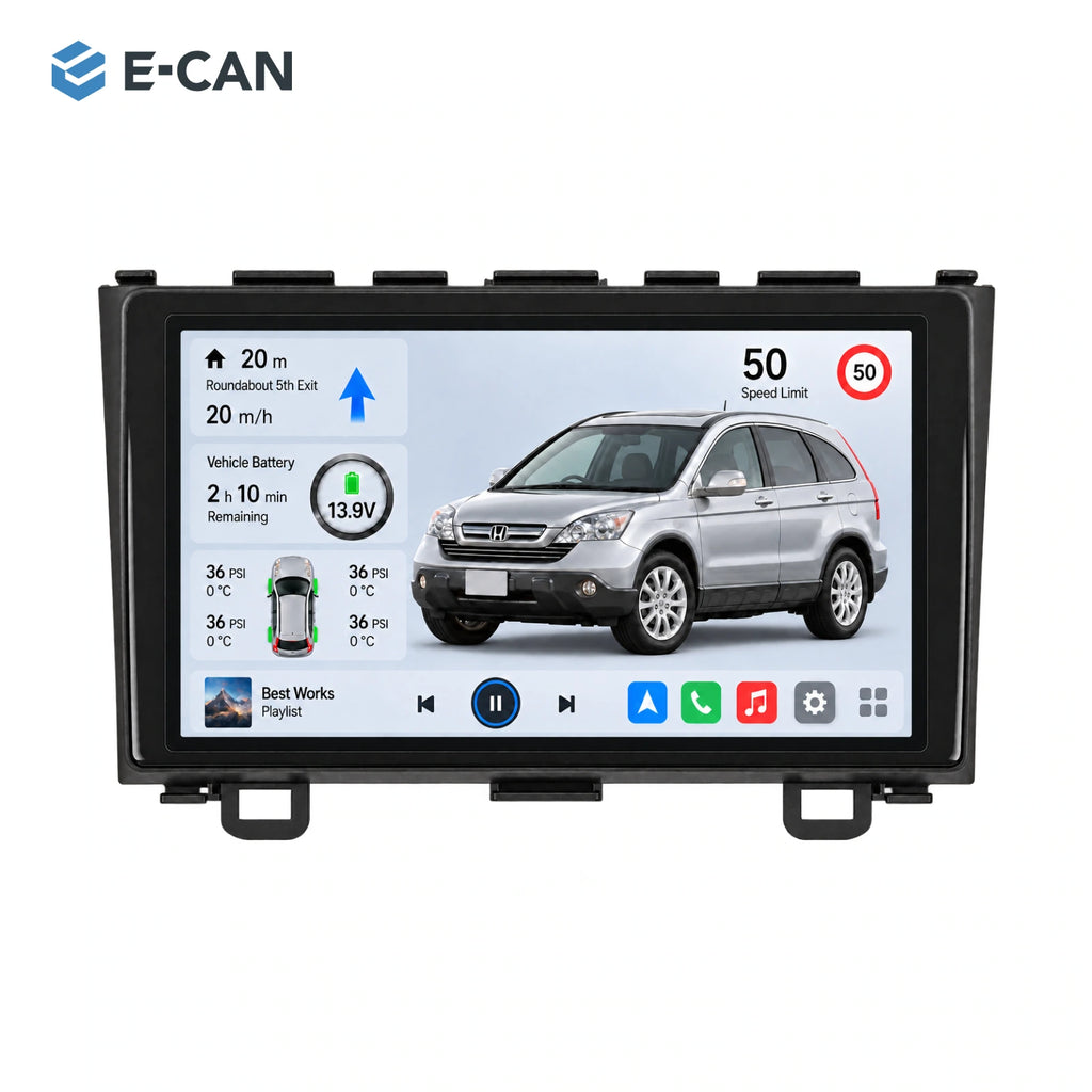 Honda CR-V RE 2008–2011 9-inch — 01 product white; installation/UI graphics are illustrative