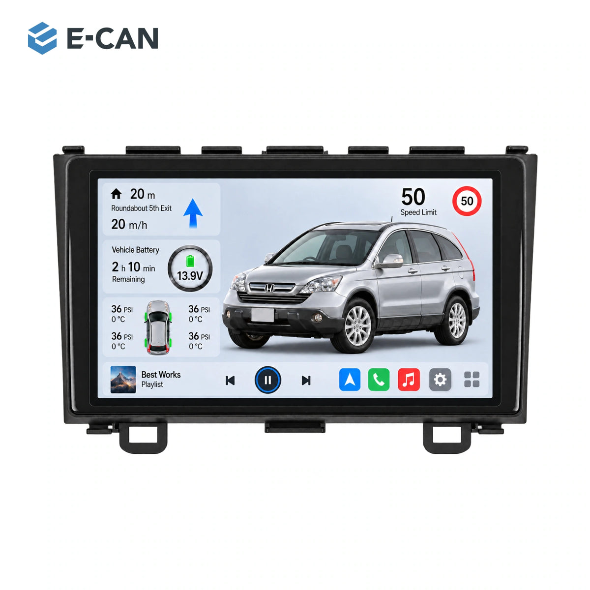Honda CR-V RE 2008–2011 9-inch — 01 product white; installation/UI graphics are illustrative