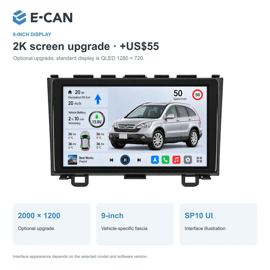 Honda CR-V RE 2008–2011 9-inch — 02 2k display; installation/UI graphics are illustrative