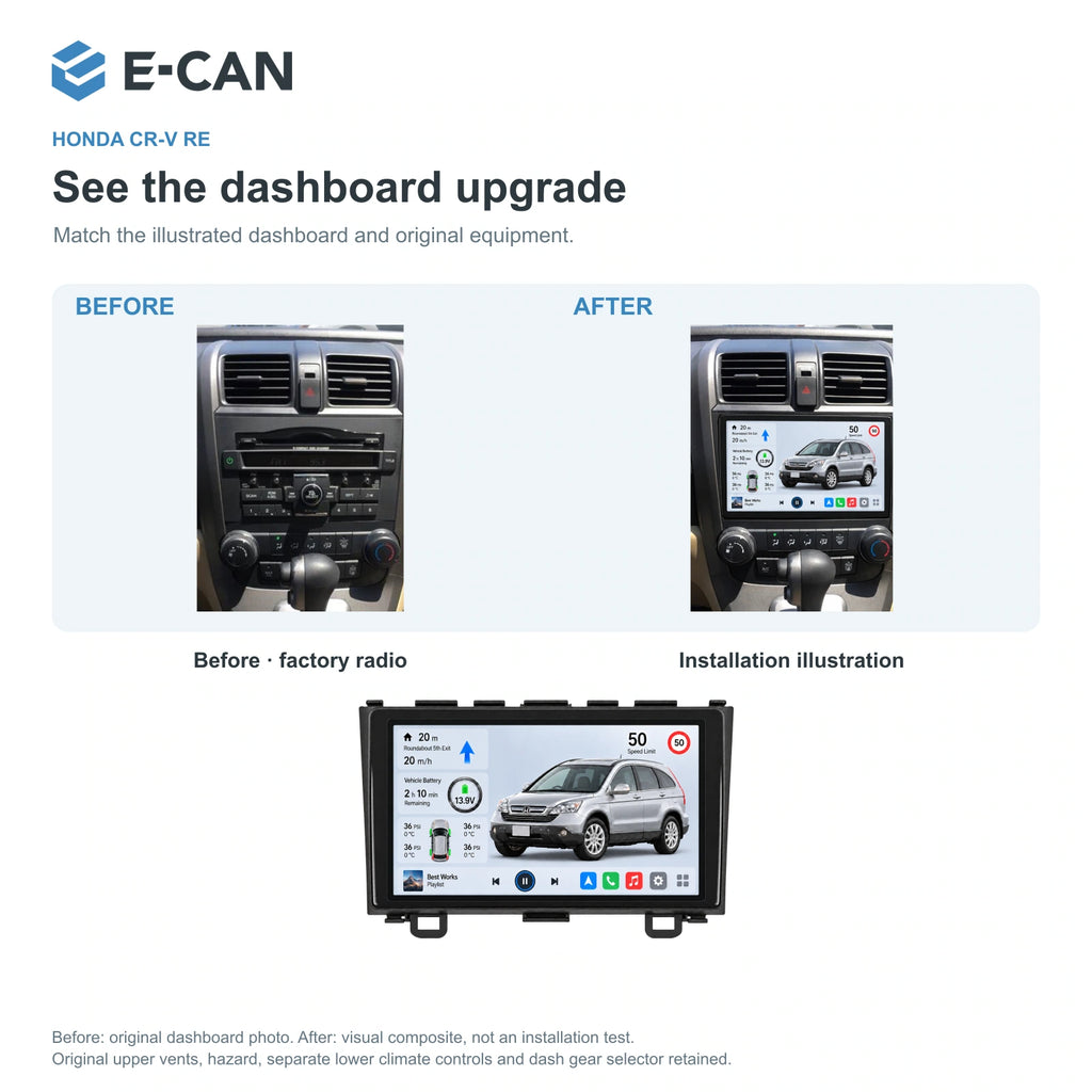 Honda CR-V RE 2008–2011 9-inch — 03 installation comparison; installation/UI graphics are illustrative