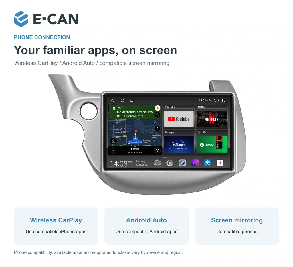 Honda Fit / Jazz GE 2008–2013 10.1-inch — 07 wireless phone link; installation/UI graphics are illustrative