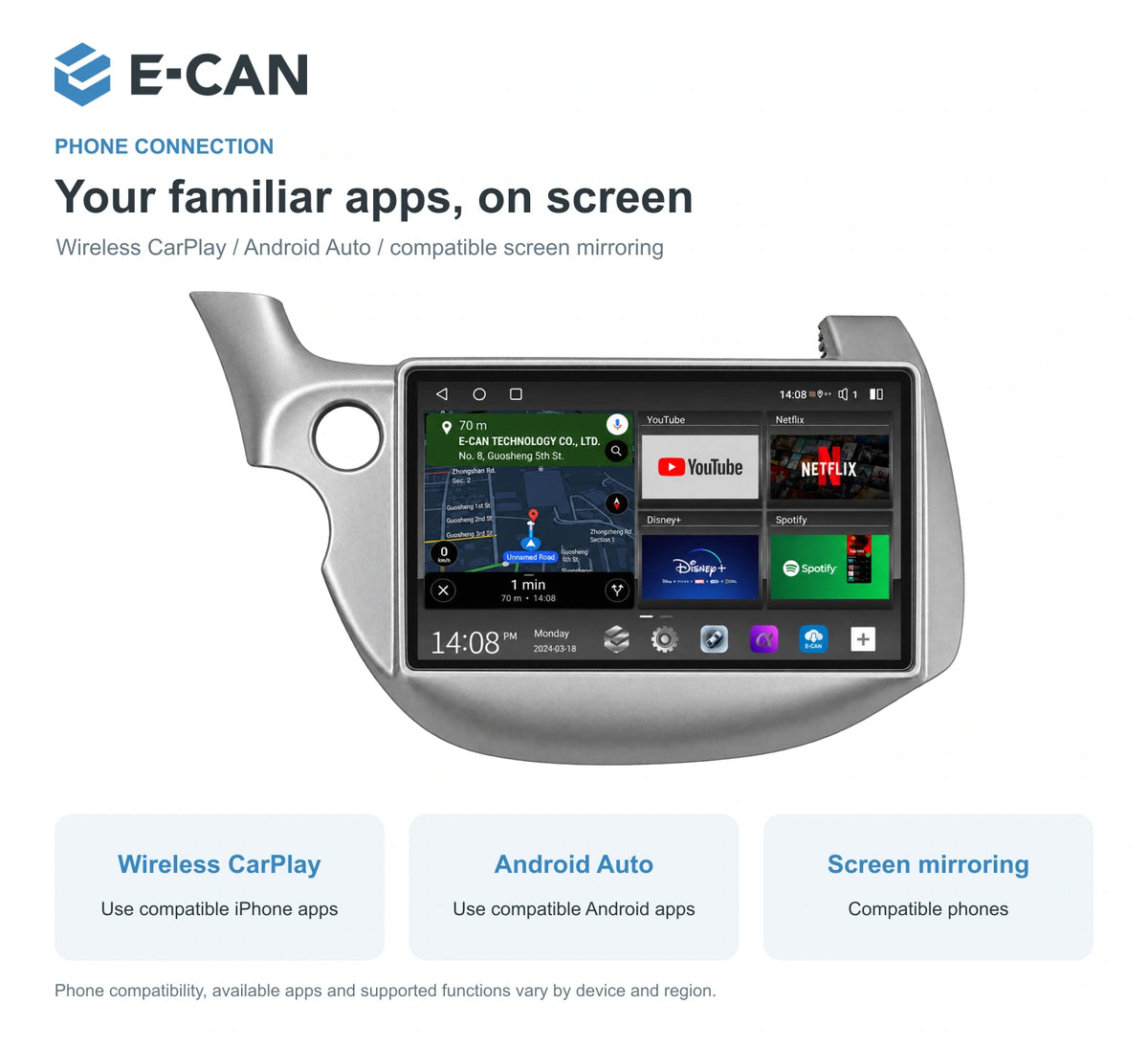 Honda Fit / Jazz GE 2008–2013 10.1-inch — 07 wireless phone link; installation/UI graphics are illustrative